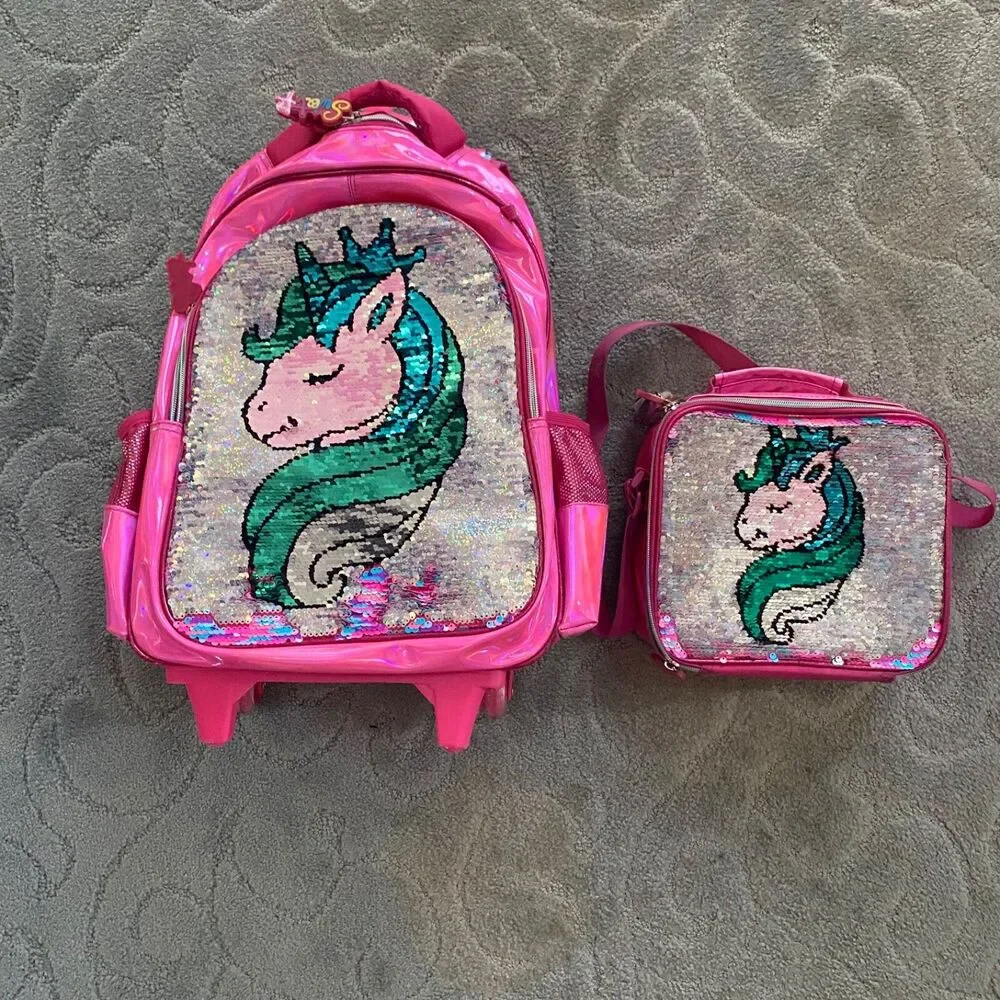 Jasminestar Rolling Backpack 17” girls unicorn flipable & lunchbox, Pencil Case